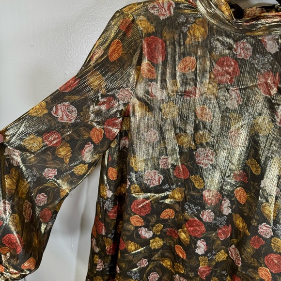 ZARA metallic floral long sleeve shift dress mock neck ruffle retro rose small - Picture 13 of 16